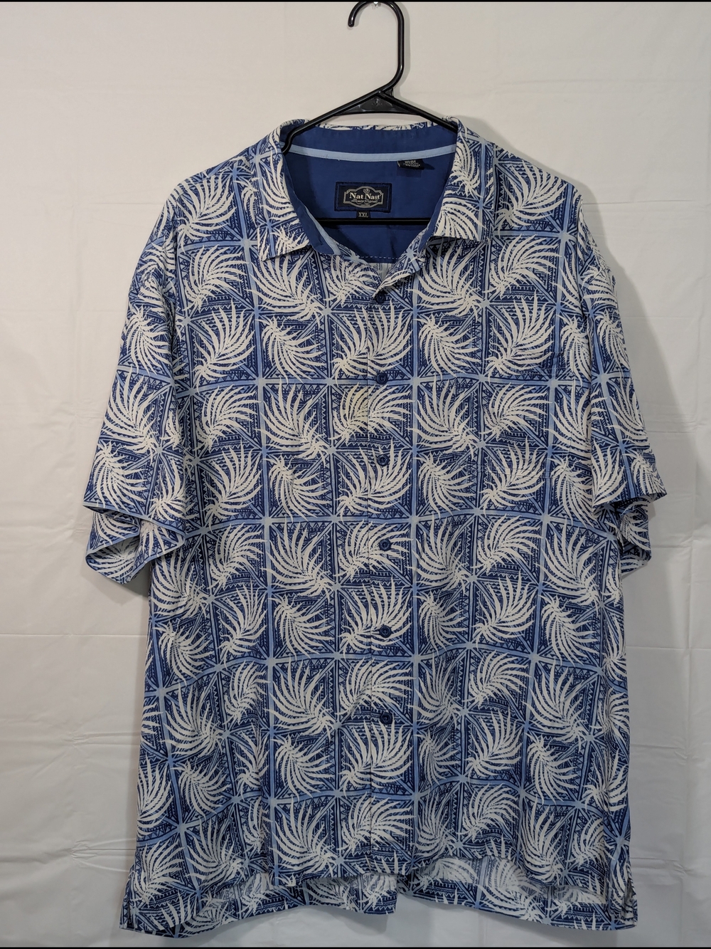 Nat Nast Men’s Hawaiian Shirt XXL Blue White Tropical Camp Shirt Button Front